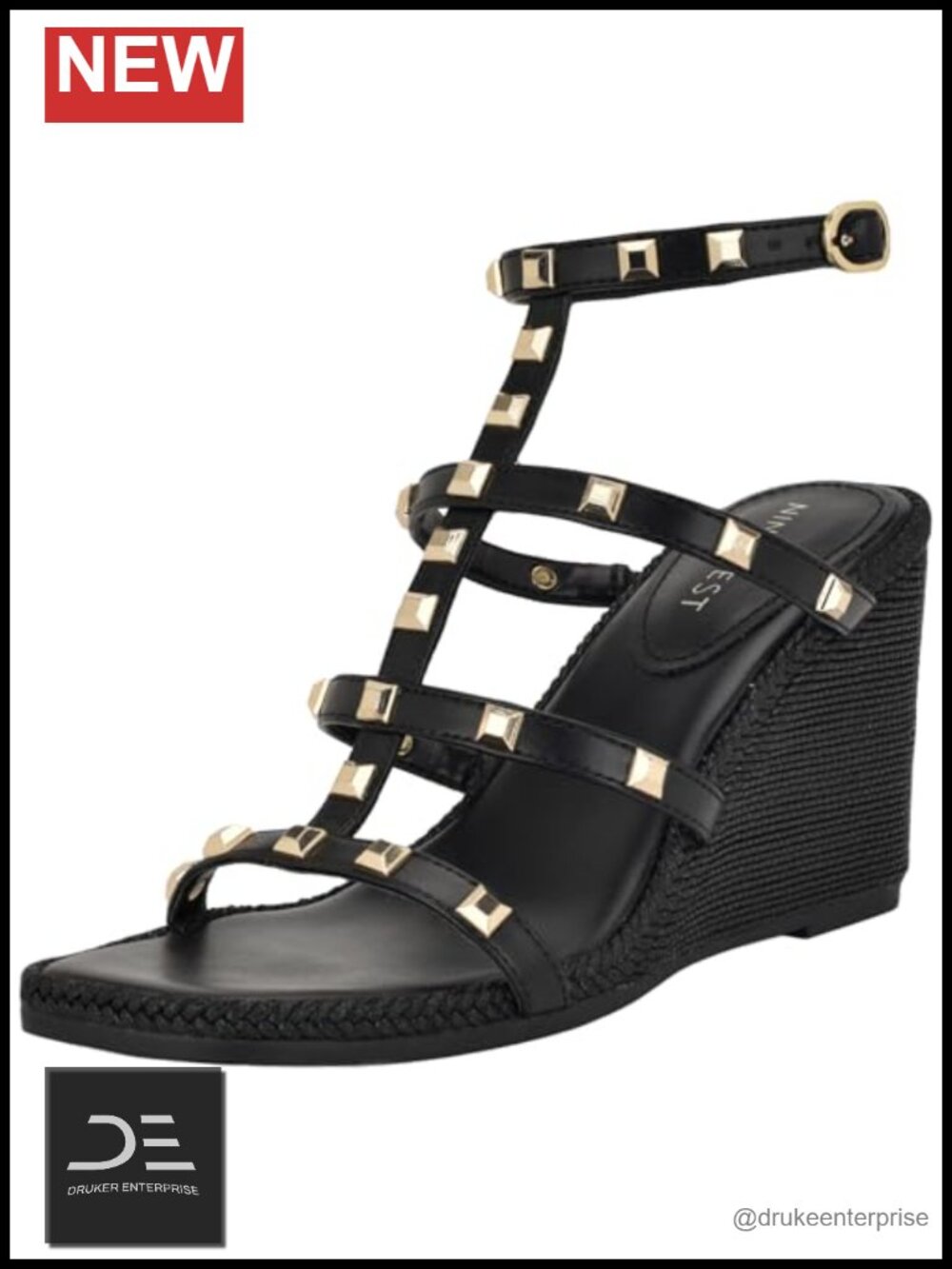 Nine West Sardis Strappy Wedge Sandals Faux Leather Square Toe Ankle Strap